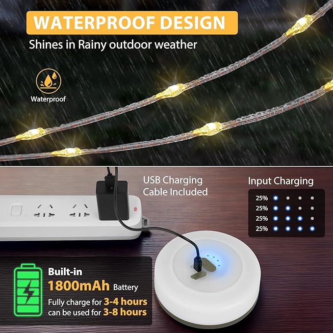 Camping String Lights, 4 in 1 Quick Storage 32.8FT Rechargeable Tent Lights with 6 Modes Hanging Waterproof Camp Lamp Camping Essentials for AwnTent Hiking Garden Bedroom Festival (Warm White)-2Pack