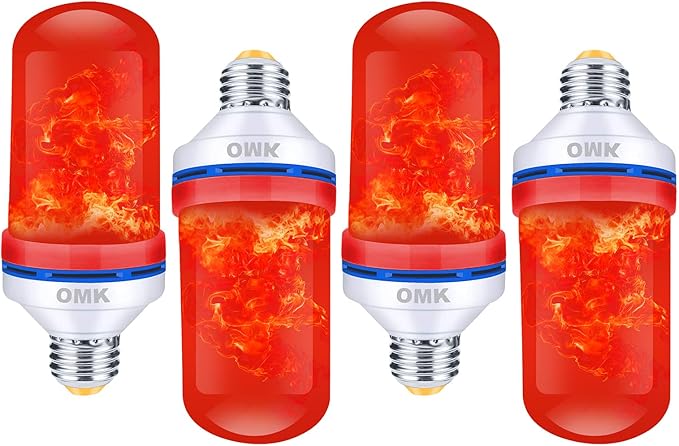 OMK Flame Light Bulb Christmas Decor (4 Pack) Red Color Led Flickering Fire Simulated Lamps 3W Energy Efficient Fire Lights for Indoor Outdoor Holiday Decoration Gifts