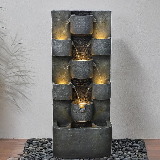 45" H Outdoor Water Fountain Garden - Large Cascading Waterfall Freestanding Fountains Water Feature with Lights for Patio Backyard Deck Porch and Home Decor, Concrete Artistry Style, Gray
