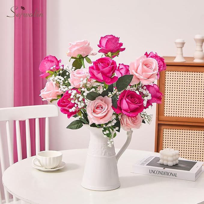 Serwalin 20pcs Artificial Pink & Hot Pink Roses, 4'' Big Flower Head, Fake Velvet Roses, Silk Roses Long Stems Realistic Bouquet for Wedding Parties Table Centerpiece and Home Decor