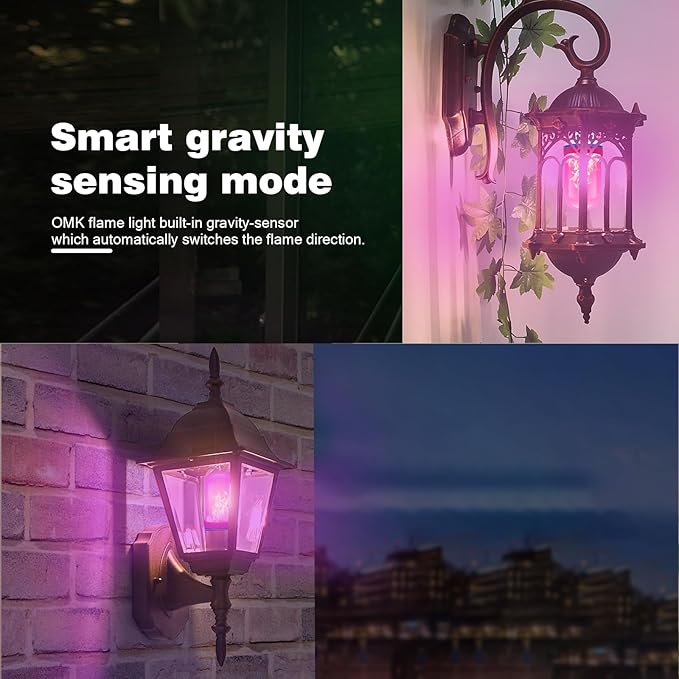 OMK 【Upgraded Pink Smaller LED Flame Light Bulbs - Flickering Light Bulbs with Gravity Sensing, E26 Base Fire Light Bulb, Indoor Outdoor Light Bulbs, Holiday Christmas Vintage Flame Bulb Decorations