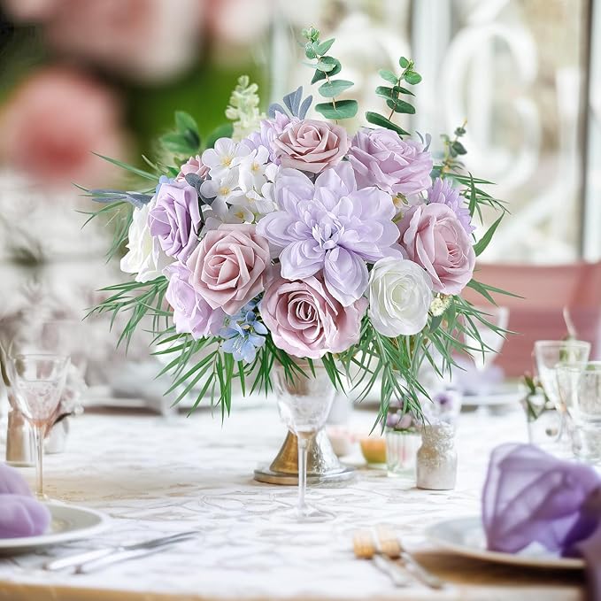 AGIRL Rose Artificial Flowers Combo Fake Flowers Purple White Silk Flowers Fake Floral Arrangements Cake Flowers for DIY Wedding Bouquets Centerpieces Table Decor Baby Shower Home Decor