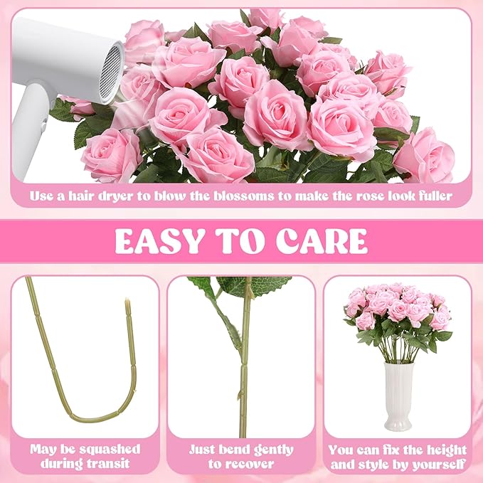36 Pcs Silk Pink Roses Bouquet Bridal Artificial Flowers Mothers Day,Fake Rose Long Stem Realistic Artificial Flowers Bulk for Wedding Bouquet Ball Arrangement Centerpiece Party Decor