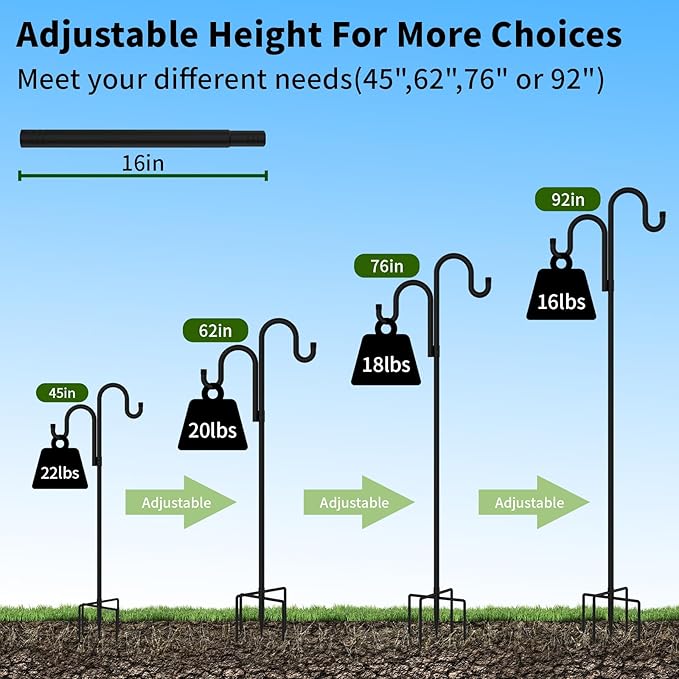 Double Shepherds Hooks for Outdoor, Bird Feeder Pole with 5 Prongs Base, Heavy Duty Garden Hook for Lantern, Wind Chime and Hummingbird Feeder, 45 Inch, 1 Pack