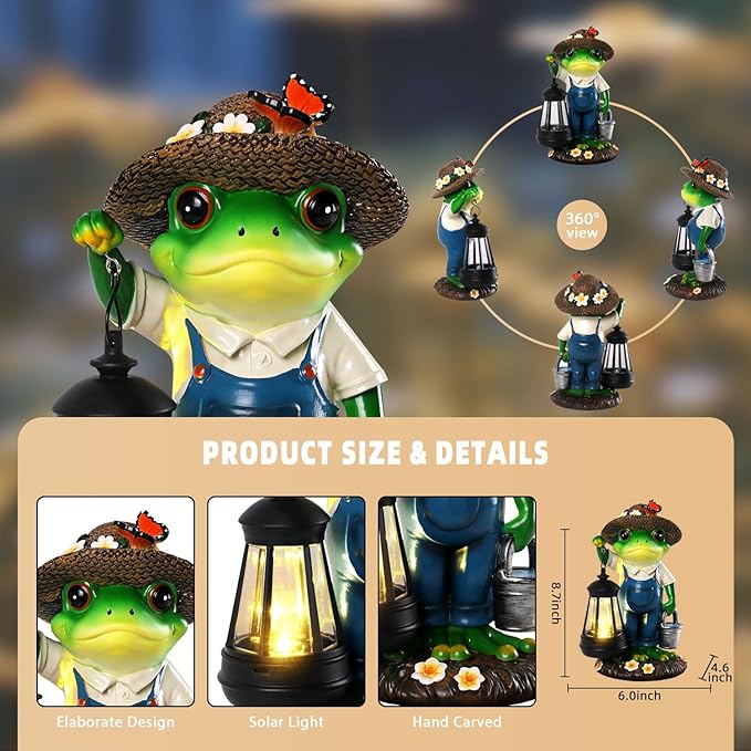 Solar Garden Decor - Frog Statues with Lantern 9" Resin Solar Frogs for Outdoors Patio Yard Porch Lawn Balcony Decor Ideas Animal Lover Gardening Gifts for Women Mom Wife