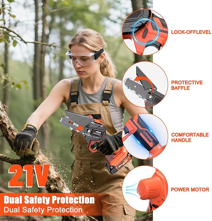 Cordless Mini Chainsaw 21V,4In Electric Chainsaw,Handheld & Portable Power Chain Saw for Tree Trimming Pruning Garden & Yard Work,Battery Chain Saw Gifts for Men Women Dad Orange