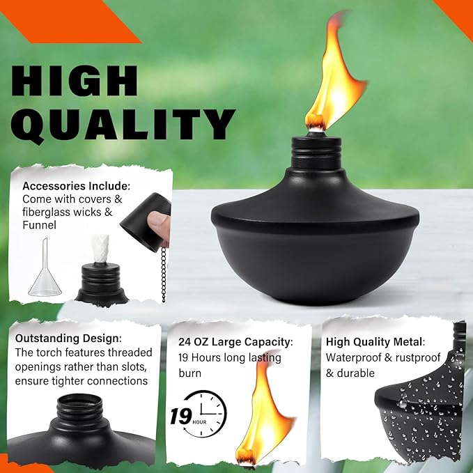 6-Pack Upgraded Tabletop Torches, 24 oz Citronella Torch Lights, Refillable Torch with Wicks, Covers, and Funnel Included - Ideal for Garden, Patio, Deck, Yard, Party, Landscape