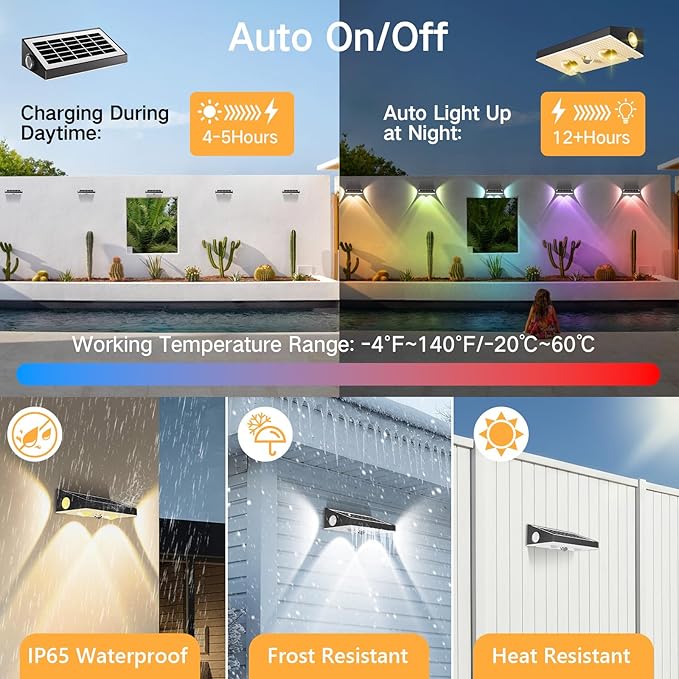 OUTON Solar Fence Lights Outdoor, 3-Side RGBCW Fence Light Solar Powered, 10 Modes Dusk to Dawn Auto ON/Off Deck Lights, IP65 Waterproof Outside Light for Garden Step Patio Backyard Wall, 12-Pack