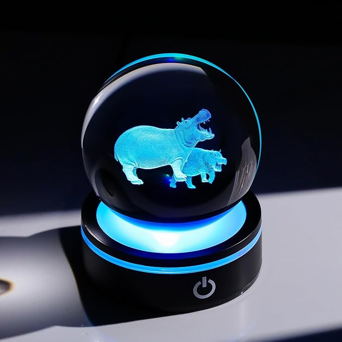 YWHL 3D Hippo Crystal Ball Figurine with LED Base Laser Hippopotamus Gifts for Women Men on Christmas Birthday Decorative Hippo Ball Glass Hippopotamus Globe Night Light for Home Decor (80mm)