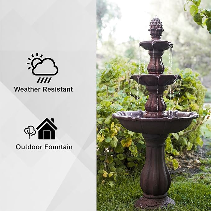 XBrand 3-Tier Freestanding Waterfall Fountain w/Pump & Pineapple Top, 51 Inch Tall, Brown, Large Outdoor Garden Fountain, Ideal for Garden, Porch, and Lawn