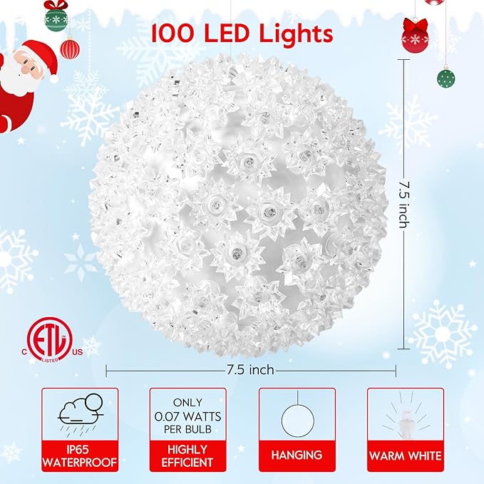Christmas Hanging Starlight Sphere Light, 7.5” 100 Replaceable LED Bulbs with Add-On Plug, LED Sphere Lights for Trees Party Wedding Patio Indoor Outdoor Decorations, Warm White
