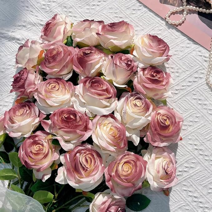 Burgundy Artificial Roses Fake Flowers Not Bend The Peduncle with Stems for DIY Wedding Bouquets Bridal Shower Centerpieces Arrangements Tables Decorations 24pcs