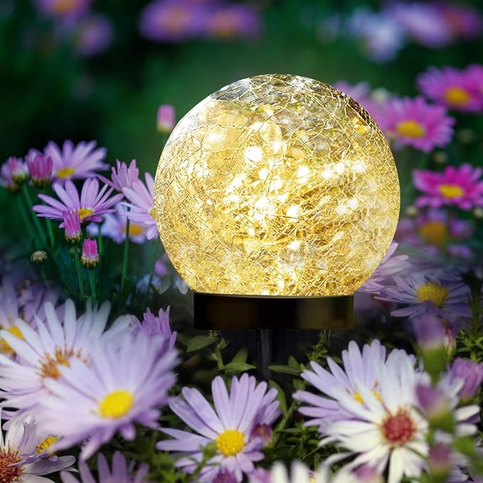 Solar Garden Lights Outdoor Waterproof, 4 Pack Cracked Glass Ball Light, Ground Landscape Garden Decor, Solar Globe Decorative for Pathway/Patio/Lawn/Yard (Warm White, 4.7")
