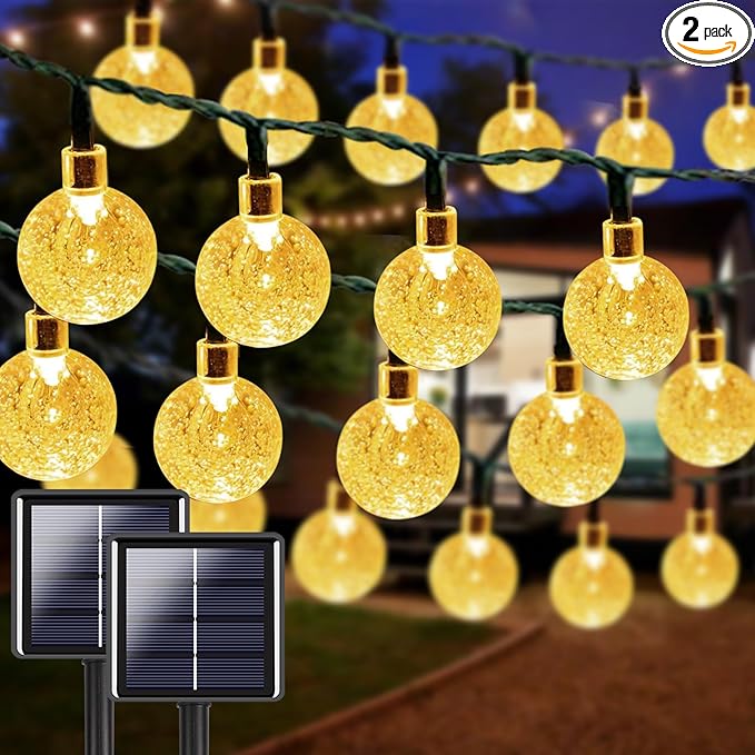 LORRYTE 2-Pack 64FT 100 LED Crystal Globe Solar String Lights Outdoor, Waterproof Solar Lights for Outside, 8 Lighting Modes Patio Decor for Garden Yard Porch Wedding Party(Warm White)