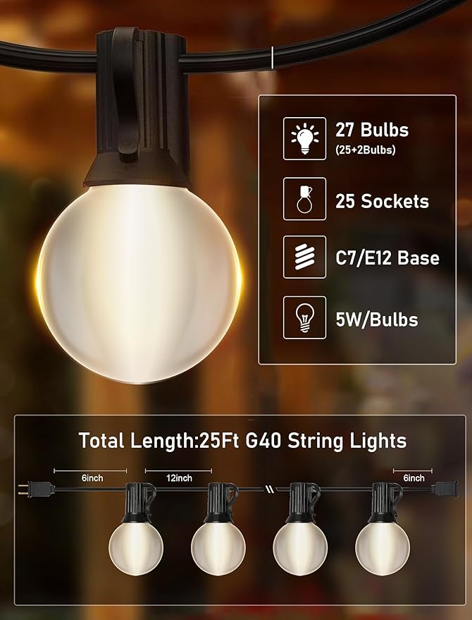 25FT Frosted White Lights G40 Globe Outdoor String Lights Patio Lights with 25 Frosted White Globe Bulbs - Black Wire