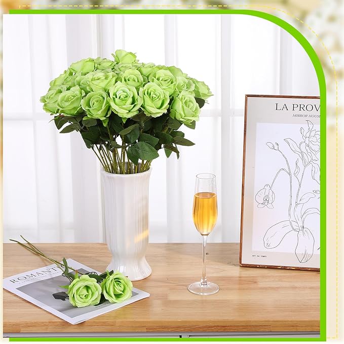 36 Pcs Silk Green Rose Bouquet Bridal Artificial Flowers,Fake Rose Long Stem Realistic Flowers Bulk for Wedding Bouquet Ball Arrangement Centerpiece Party Decor