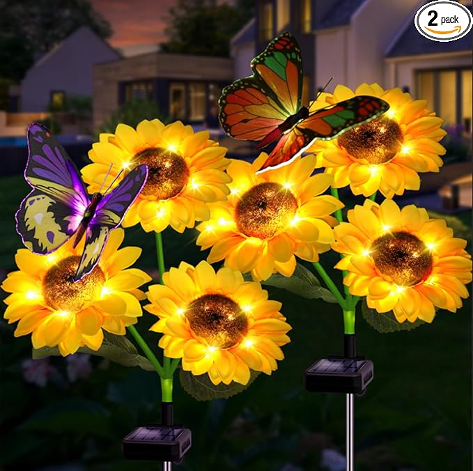Solar Sunflower Lights Outdoor Garden Lights, 2 Pack Solar Flower Lights with Butterfly Waterproof Garden Decor, Gifts for Mom Grandma, Sunflower Stake Led Lights for Yard Patio Lawn Pathway Outside