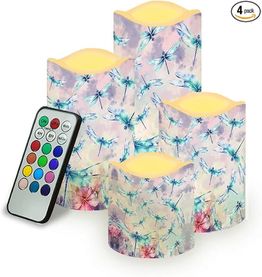 Ystardream Beautiful Dragonfly Flameless Candles Battery Operated with Timer, Remote Control, LED Flashing Candle Sets, Warm Color Flickering Candles Light for Party Room Table Decor Set of 2