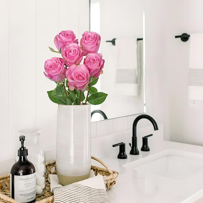 Briful Pink Artificial Roses – 6PCS 18.9" Silk Rose Faux Flowers with Long Stems Realistic Fake Rose Bouquet for DIY Wedding Arrangements Table Vase Centerpieces Home Event Decor