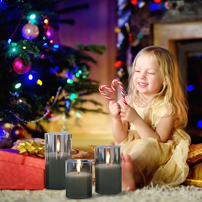 Glass Flameless Candles with Remote Timer,LED Candles Flickering Battery Operated with 3D Wick,Candle Holders Table Centerpiece Decoration for Home Wedding Birthday Festival(Grey)