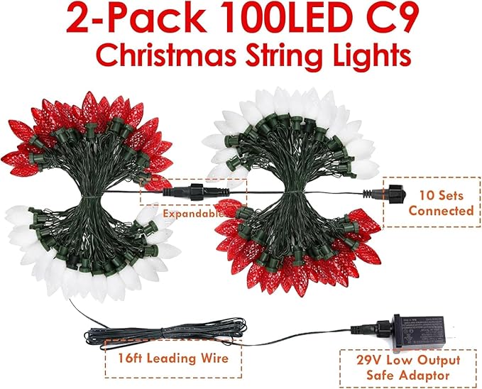 YIQU 2-Pack 66FT C9 Christmas String Lights Outdoor, 100LED Waterproof Green Wire Plug in Led Fairy String Lights for Xmas Tree Indoor Garden Patio Wedding Party Decoration (Red and White)