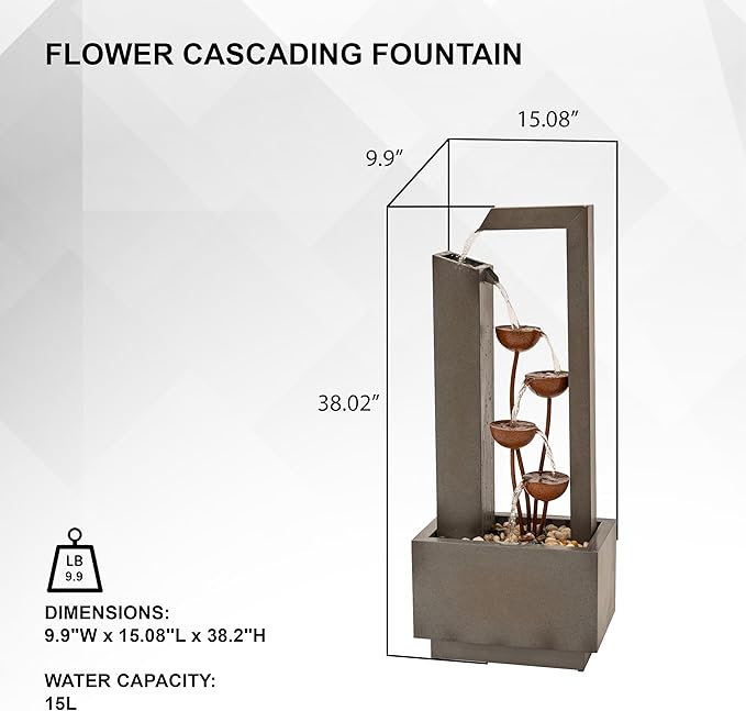 XBrand Sculptural Freestanding Metal Multi-Tiered Water Fountain w/Flowers, No LED Lights, Gray and Bronze, 38" Tall