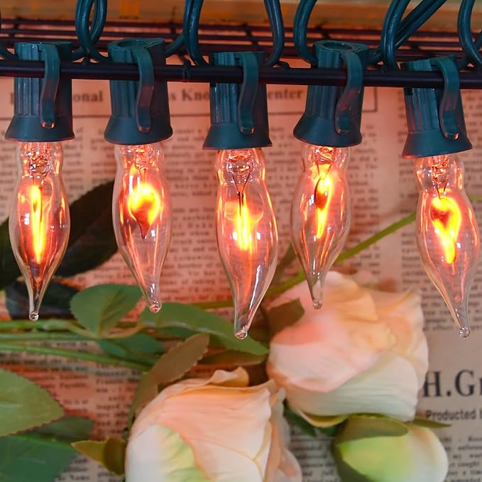 12.8Ft C7 Christmas Lights Flickering Flame String Lights with 12 Pack Clear Flame E12 Light Bulbs(2 Spare), Great for Christmas Decorations Indoor Outdoor Home Patio Party Lights, Green Wire