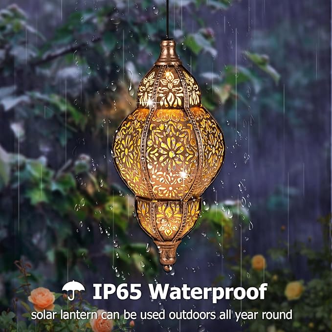 Solar Lanterns Outdoor Waterproof, Hanging Solar Lantern Garden Decor, Metal Moroccan Decorative Solar Garden Lights for Yard, Patio, Lawn, Porch, Unique Housewarming Gifts, Copper