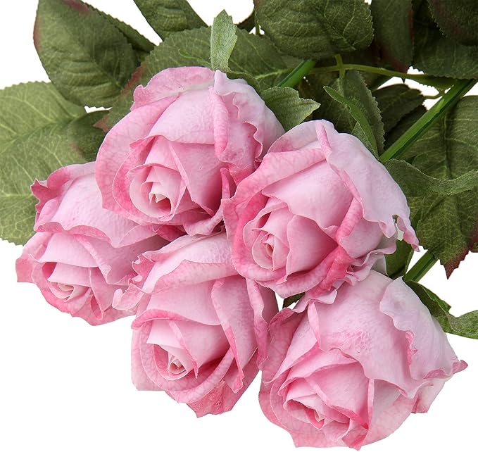 Artificial Realistic Roses Pink Flowers 24" Real Touch Silk Roses Bouquet Long Stems Rose Fake Roses Decor for Home Party Wedding Table Centerpieces Roses Realistic - 5 Pcs