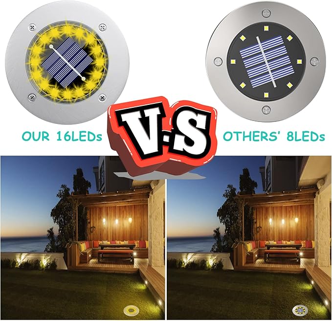 Solar Ground Lights-Waterproof Solar Lights Outdoor Garden- Solar Disk Lights-Upgraded 16LED Bright in-Ground Lights-Landscape Lights for Pathway, Yard, Lawn, Patio, Walkway (16 Pack Warm Light)