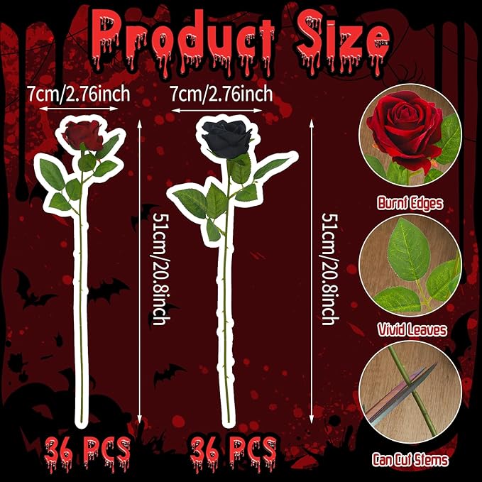 36 Pcs Silk Black Red Rose Bouquet Bridal Artificial Flowers,Fake Rose Long Stem Realistic Artificial Flowers Bulk for Wedding Bouquet Ball Arrangement Centerpiece Party Decor