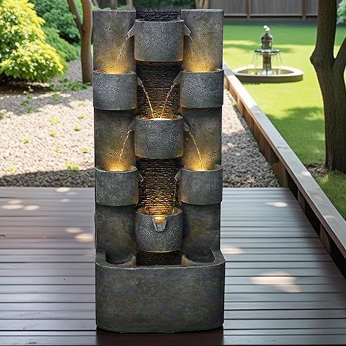 45" H Outdoor Water Fountain Garden - Large Cascading Waterfall Freestanding Fountains Water Feature with Lights for Patio Backyard Deck Porch and Home Decor, Concrete Artistry Style, Gray