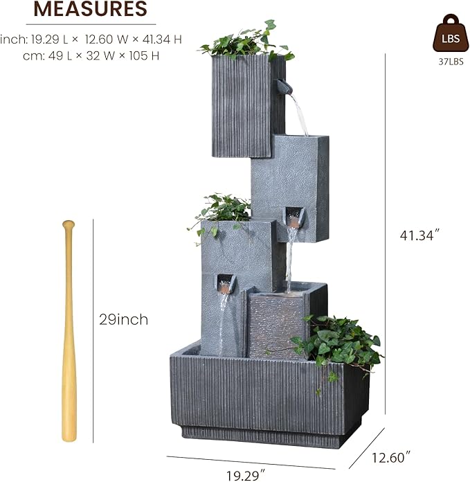 42" H Outdoor Water Fountain Garden Waterfalls - Large Water Feature Geometric Stacking Waterfall Fountains Planter with Lights for Patio Backyard Deck Porch Deck and Home Decor, Gray