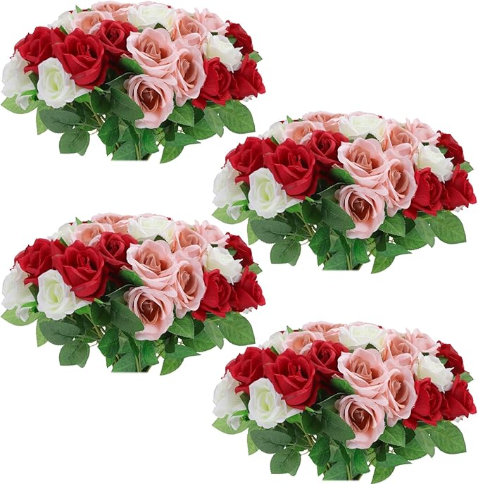 36 Pcs Red White Pink Artificial Roses with Long Stems, Fake Silk Rose Artificial Flowers Bulk for Bridal Wedding Bouquet Centerpiece Ball Arrangement Party Decor