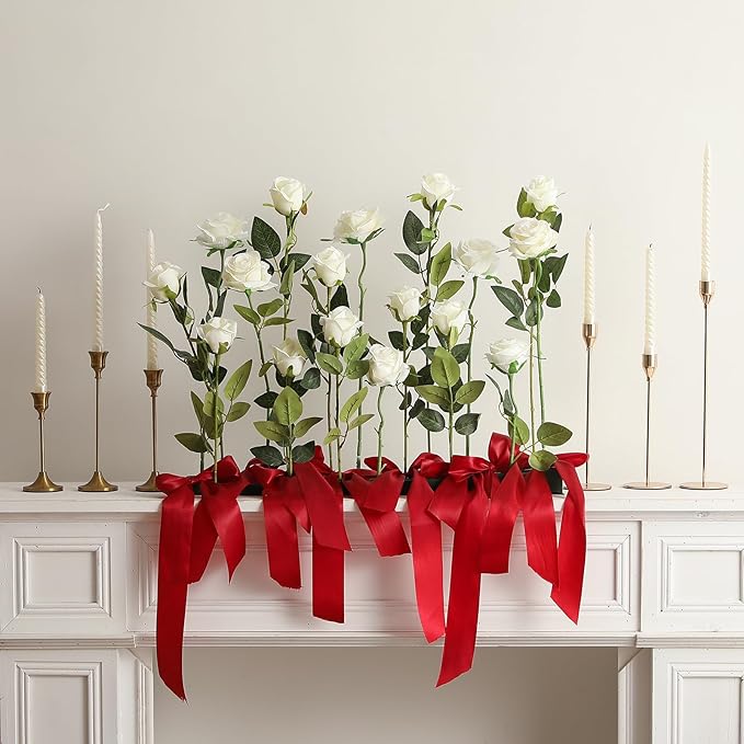 Hawesome 12PCS Artificial Silk Flowers Realistic Roses Bouquet Long Stem for Home Wedding Decoration Party (White -2)