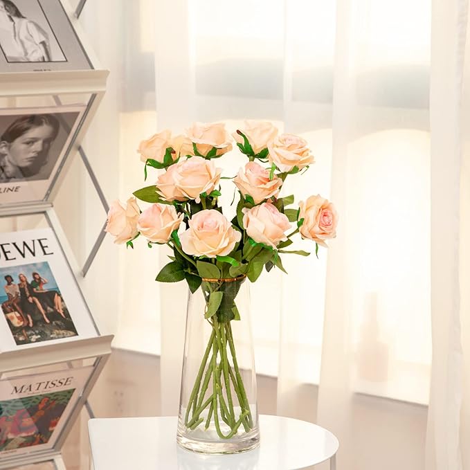 Hawesome 12PCS Artificial Silk Flowers Realistic Roses Bouquet Long Stem for Home Wedding Decoration Party (Gradient Light Pink)