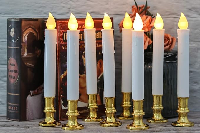 DRomance 9" Flameless Window Taper Candles Battery Operated with 8-Key Remote and Timer, 8 Pack White Christmas Holdiay Window Candles with Gold Holders, Suction Cups and AA Batteries Included