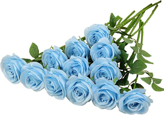 12pcs Roses Artificial Flowers Fake Roses Blue Silk Roses Flowers Rose with Long Stems for Wedding Home Party Centerpieces Decorations