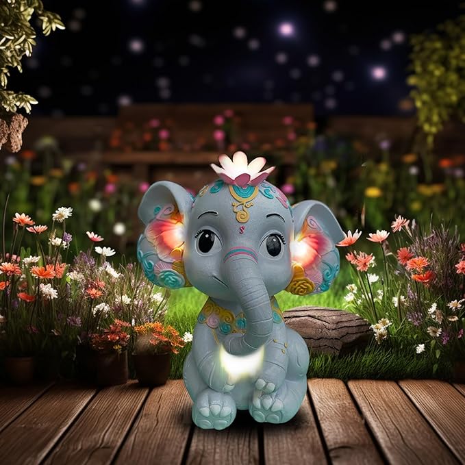 Solar Garden Outdoor Statue Elephant with 4 LED Lights,Lawn Decor Statue for Patio, Balcony,Yard Ornament,Ideal Gift for Christmas,Women,Mom,Grandma,Birthday or Unique Housewarming