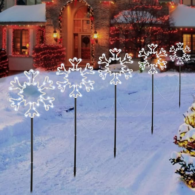 Snowflake Lights Outdoor, 5 Large Snowflake Christmas Pathway Lights Outdoor Christmas Decorations Yard Sidewalk Walkway Driveway Marker Stake, White