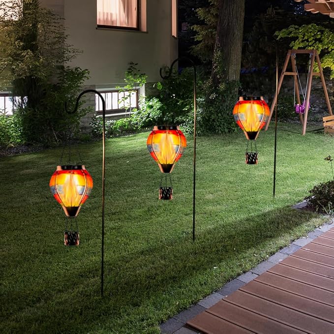 Unique Hot Air Balloon Solar Lantern with Flickering Flame, Handmade Glass Hanging Outdoor Lantern Waterproof Lantern Lamp for Patio, Garden, Porch