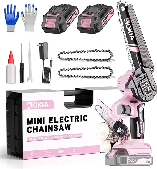 Cordless Mini Chainsaw 21V,6In Electric Chainsaw,Handheld & Portable Power Chain Saw for Tree Trimming Pruning Garden & Yard Work,2 Battery Chain Saw Gifts for Men Women Dad Pink