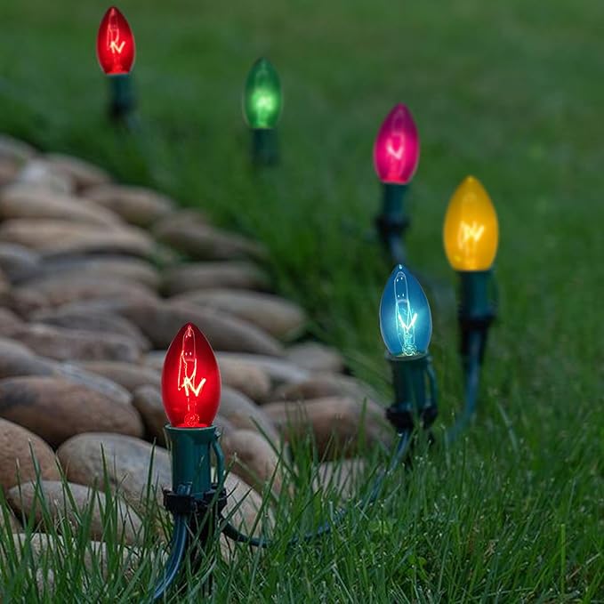 C9 Christmas Pathway Lights Outdoor, 38Ft Outdoor Christmas Decorations with 25 C9 Multicolor Bulbs Christmas Stakes Lights, Connectable Christmas Walkway Lights for Outside Yard Lawn Sidewalk Garden