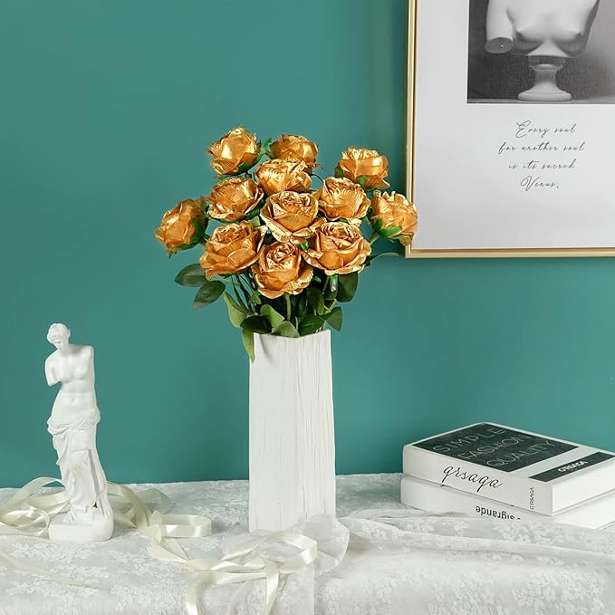 Hawesome 12PCS Artificial Silk Flowers Realistic Roses Bouquet Long Stem for Home Wedding Decoration Party (Gold-1)