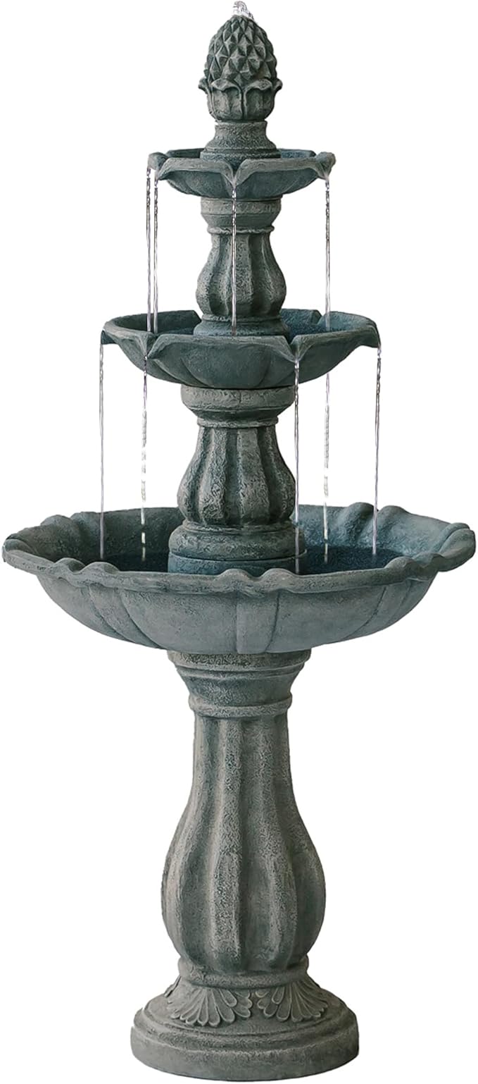 XBrand 3-Tier Freestanding Waterfall Fountain w/Pump & Pineapple Top, 51 Inch Tall, Grey, Large Outdoor Garden Fountain, Ideal for Garden, Porch, and Lawn