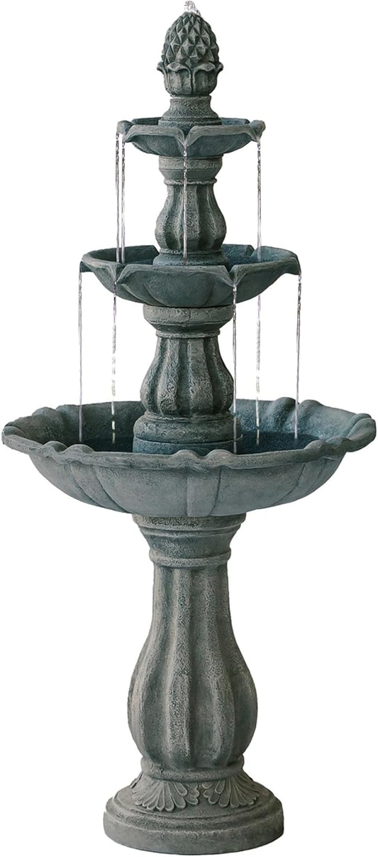 XBrand 3-Tier Freestanding Waterfall Fountain w/Pump & Pineapple Top, 51 Inch Tall, Grey, Large Outdoor Garden Fountain, Ideal for Garden, Porch, and Lawn