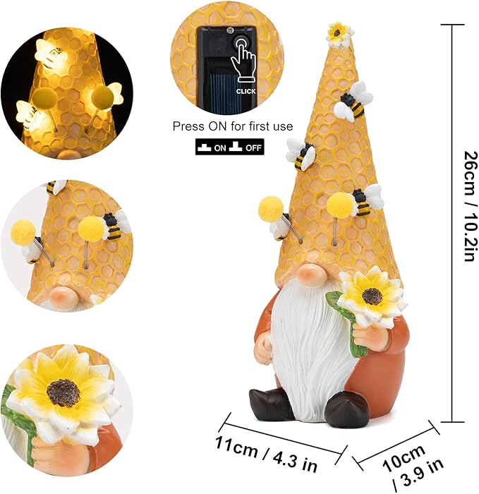 pearlstar Garden Gnome Statues Bee Solar Light 10.2" Tall Large Resin Figurine Outdoor Funny Home Yard Patio Decoration Fall Thanksgiving