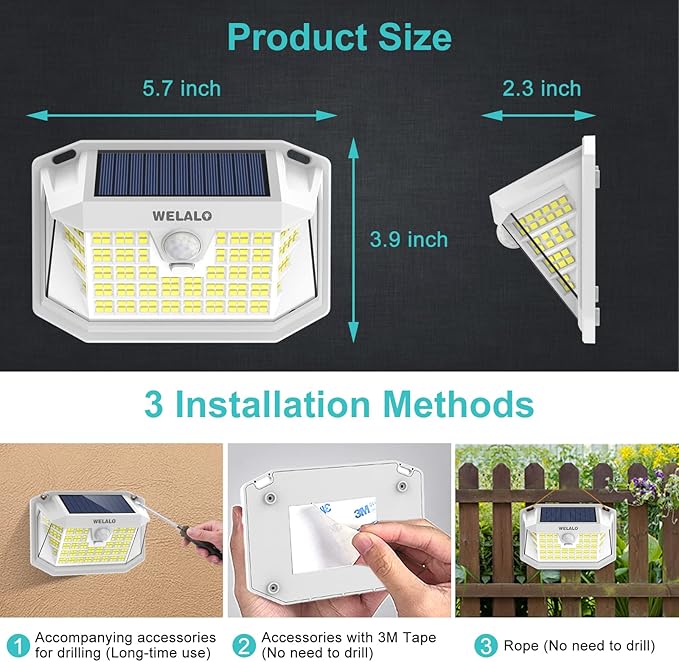Solar Motion Lights Outdoor, [3 Modes/6 Pack/188 LED] 270° Wide Angle Lighting, Security Solar Powered Wall Lights, IP65 Waterproof Flood Lights for Fence Porch Yard Patio(White)
