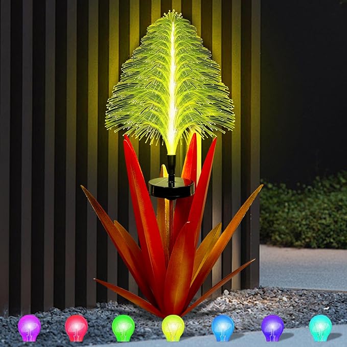 Metal Outdoor Decoration Gift Metal Agave Plants Outdoor Decor, Metal Agave Yard Art Garden Lights Solar Outdoor, 7 Color Changing Garden Yard Pathway Xmas Decor Waterproof & Solar Powerer (1pcs red)