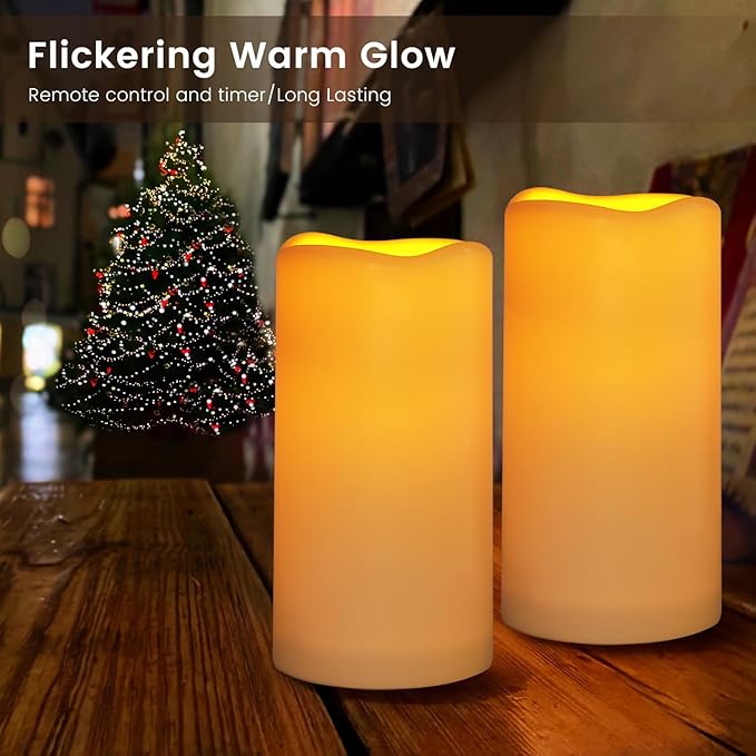 Large Outdoor Waterproof Flameless Candles with Remote Control,D3'' x H5.5'' Battery Operated Flickering LED Pillar Candle Plastic for Outdoor/Indoor Decoration Wedding, Party, Birthday (2PACK)
